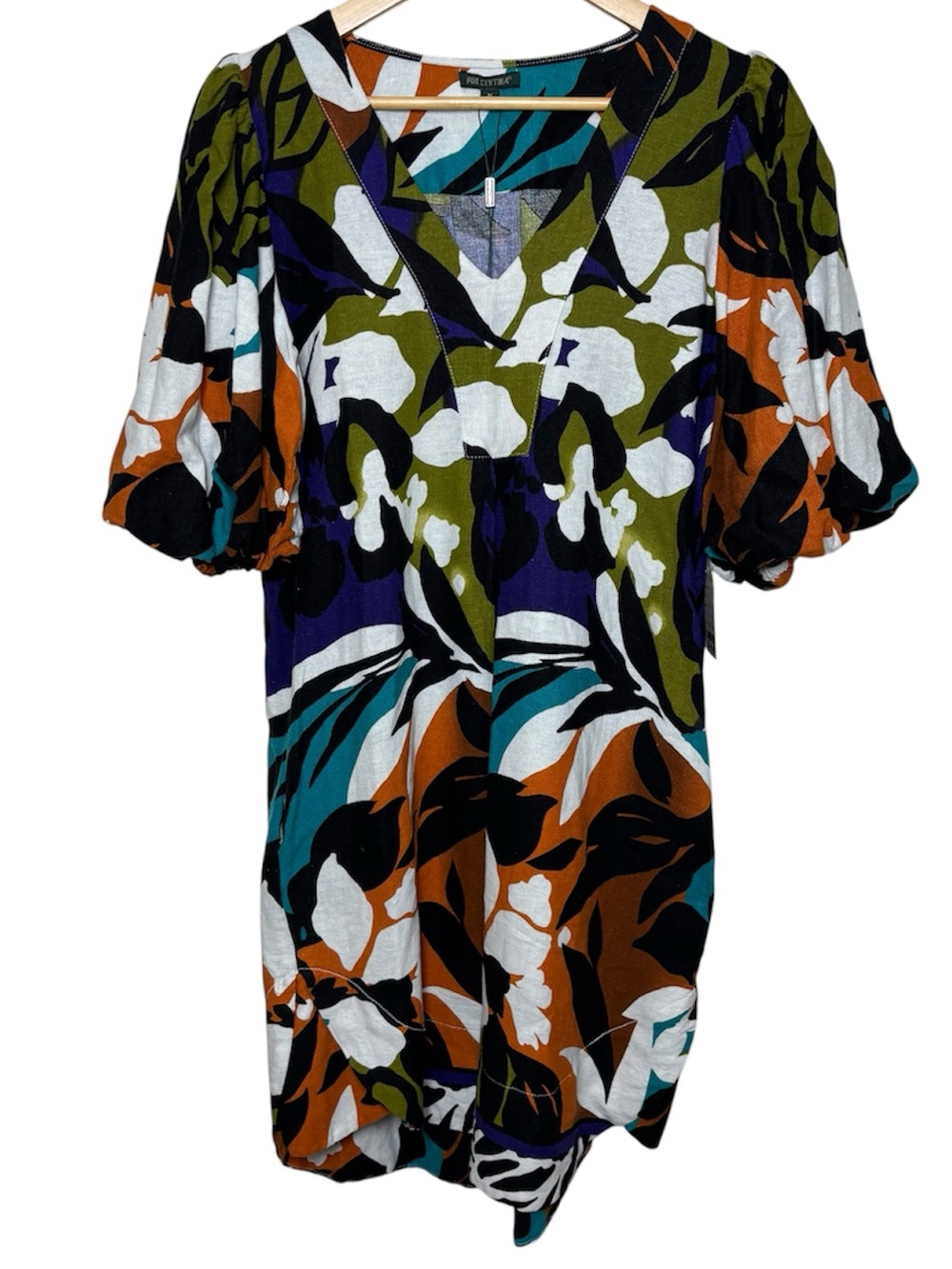 For Cynthia Dress Medium Linen Blend Floral Tropical Pockets Balloon Sleeve NEW